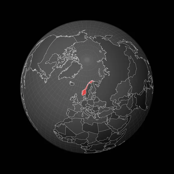 Tmavý glóbus se středem do Norska Země zvýrazněné červenou barvou na mapě světa Satelitní svět — Stockový vektor