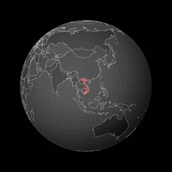 Tmavý glóbus soustředěný do Vietnamu Země zvýrazněné červenou barvou na mapě světa Satelitní svět — Stockový vektor