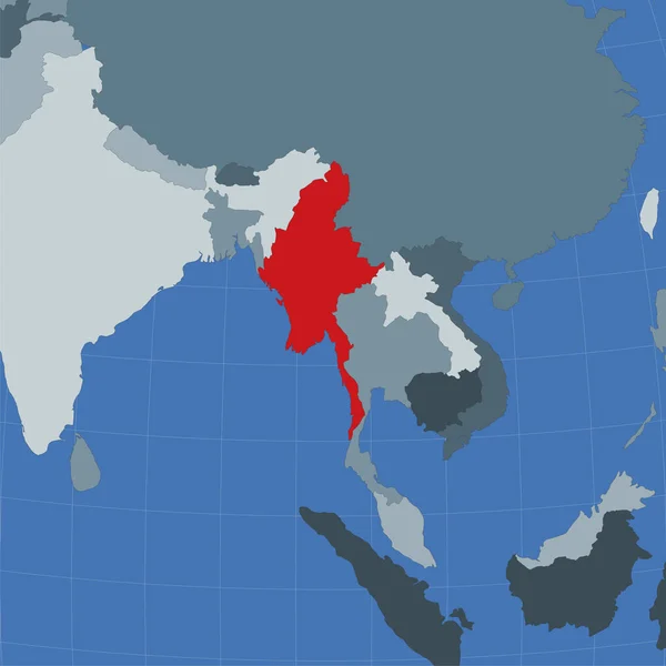 Forme du Myanmar dans le contexte des pays voisins Pays mis en évidence avec la couleur rouge sur le monde — Image vectorielle
