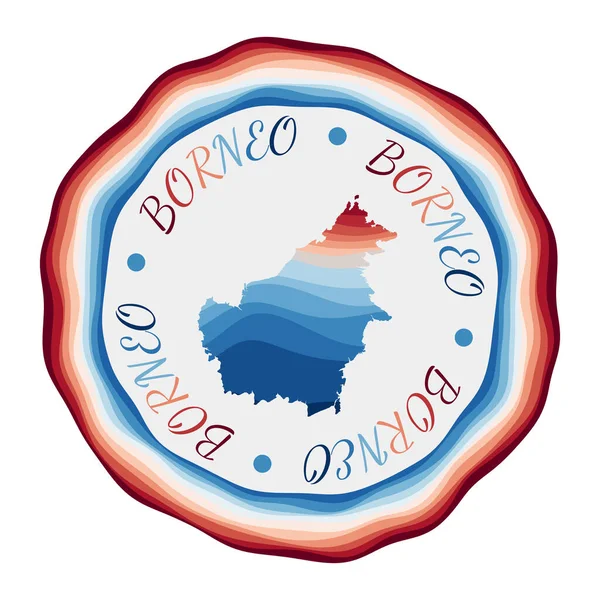 Insignia de Borneo Mapa de la isla con hermosas olas geométricas y vibrante marco azul rojo Vivid — Vector de stock