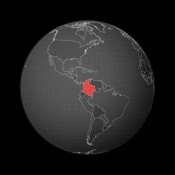 Globe sombre centré sur la Colombie Pays mis en évidence avec la couleur rouge sur la carte du monde Monde satellite — Image vectorielle