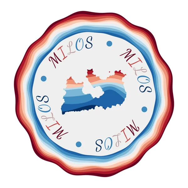 Insignia de Milos Mapa de la isla con hermosas olas geométricas y vibrante marco azul rojo Vivid — Archivo Imágenes Vectoriales