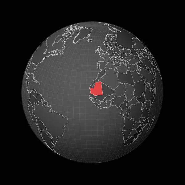 Globe sombre centré sur la Mauritanie Pays mis en évidence avec la couleur rouge sur la carte du monde Monde satellite — Image vectorielle