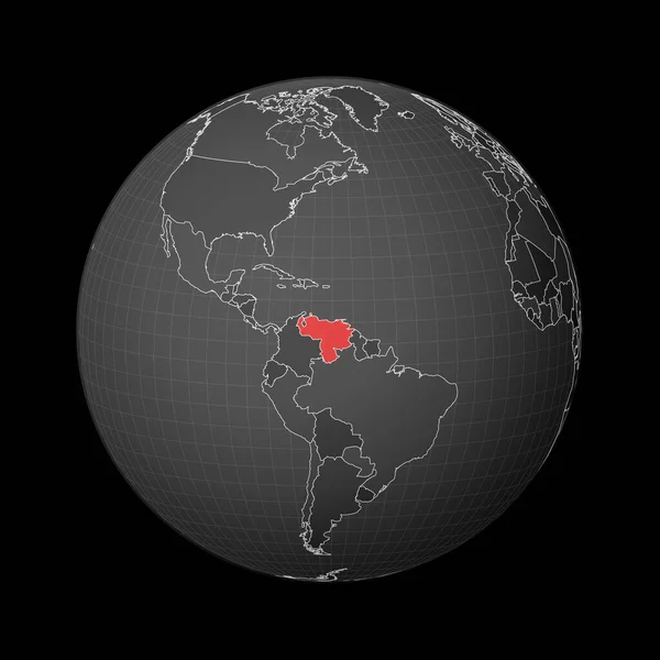 Globo escuro centrado na Venezuela País destacado com cor vermelha no mapa mundial Mundo satélite — Vetor de Stock