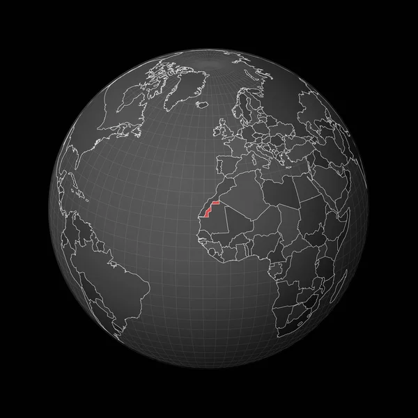 Tmavá koule se středem do Západní Sahary Země zvýrazněná červenou barvou na mapě světa Satelitní — Stockový vektor