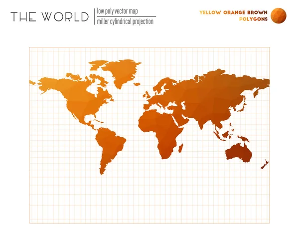 Mappa del mondo con vibranti triangoli Miller proiezione cilindrica del mondo Giallo Arancione Marrone — Vettoriale Stock