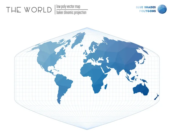 世界上蓝色阴影色多边形的多角形贝克双曲投影世界地图 — 图库矢量图片