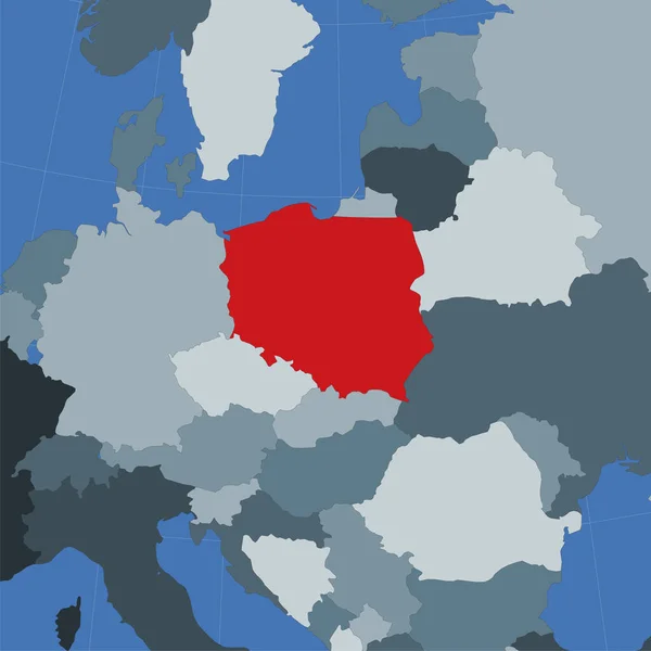 폴란드의 모양은 이웃 나라들을 배경으로 세계적으로 붉은 색으로 강조되어 있다 — 스톡 벡터