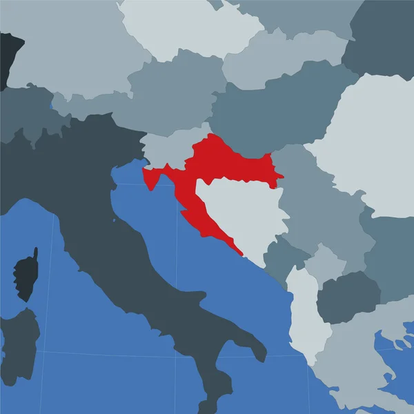 Tvar Chorvatska v kontextu sousedních zemí Země zvýrazněná červenou barvou na světě — Stockový vektor