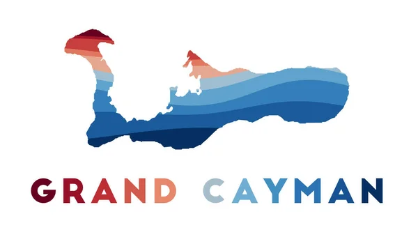 Grand Cayman map Mapa ostrova s krásnými geometrickými vlnami v červených modrých barvách Vivid Grand — Stockový vektor