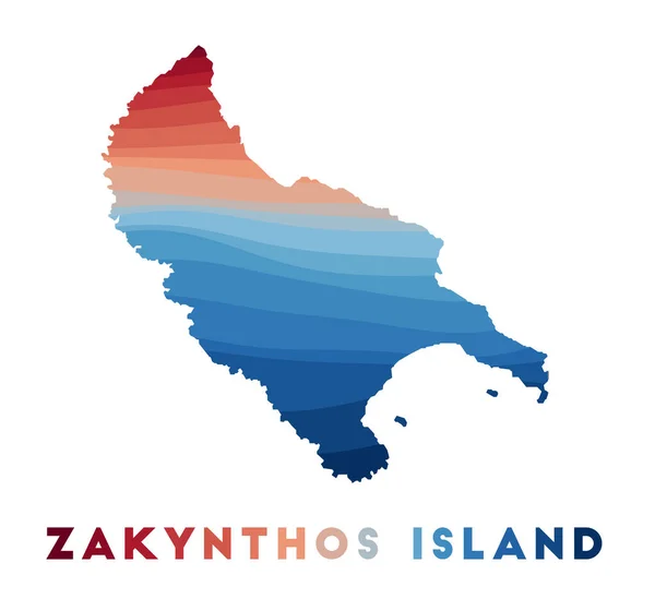 Mapa de la isla de Zakynthos Mapa de la isla con hermosas olas geométricas en colores azules rojos Vivid — Vector de stock