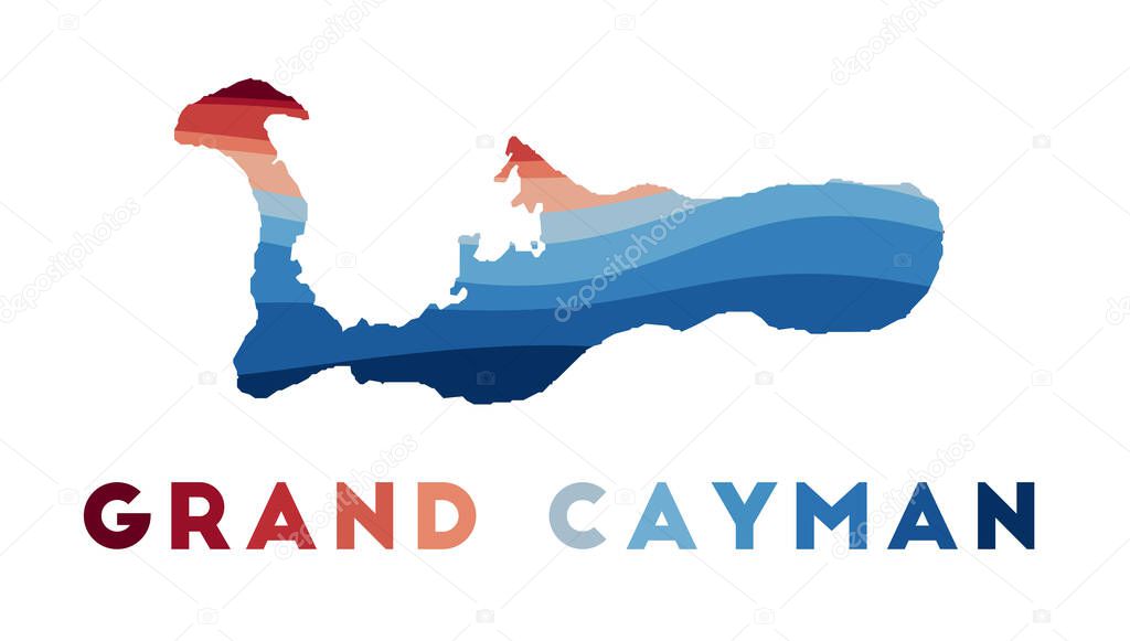 Grand Cayman map Map of the island with beautiful geometric waves in red blue colors Vivid Grand