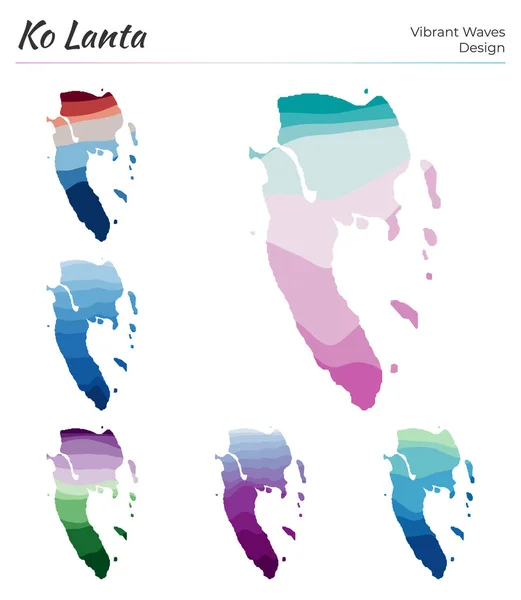 Conjunto de mapas vectoriales de Ko Lanta Diseño de ondas vibrantes Mapa brillante de la isla en geometría lisa — Archivo Imágenes Vectoriales