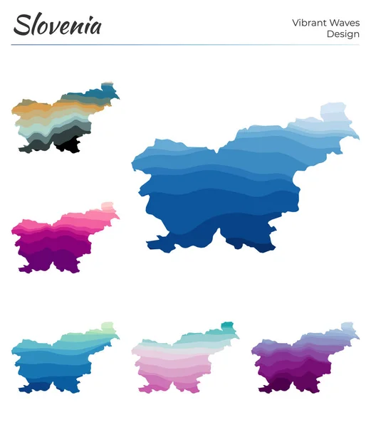 Serie di mappe vettoriali della Slovenia Design a onde vibranti Luminosa mappa del paese in liscio geometrico — Vettoriale Stock