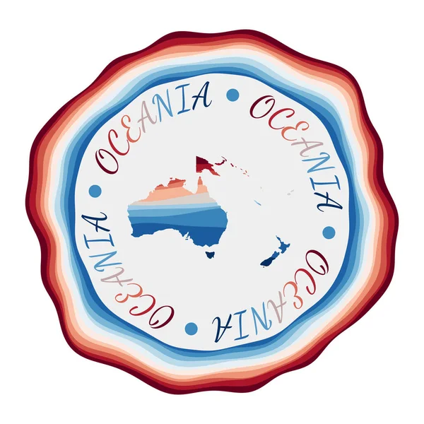 Insignia de Oceanía Mapa del continente con hermosas ondas geométricas y vibrante marco azul rojo Vivid — Vector de stock