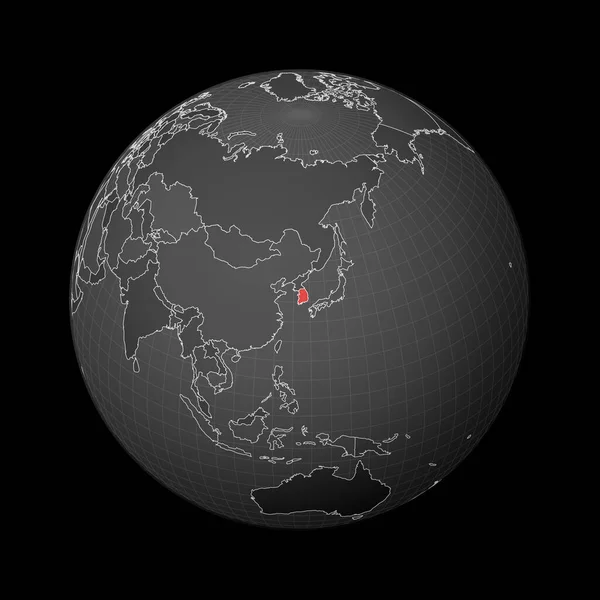 Donkere bol gecentreerd naar Zuid-Korea Land gemarkeerd met rode kleur op wereldkaart Satellietwereld — Stockvector