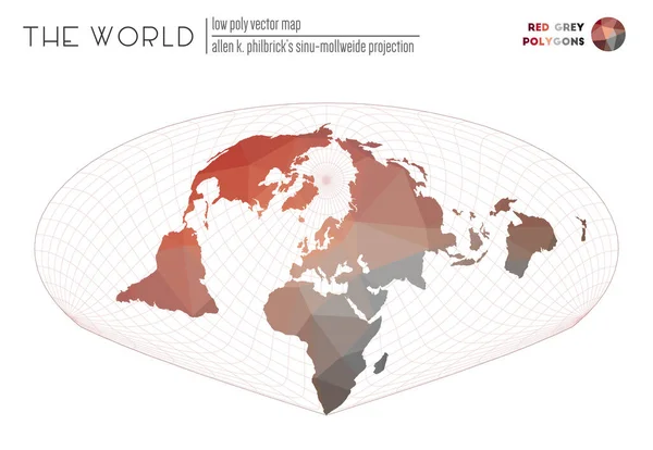 แผนที่โลกที่มีสามเหลี่ยมสดใส Allen K Philbricks SinuMollweide โปรเจคชันของโลก สีแดง — ภาพเวกเตอร์สต็อก