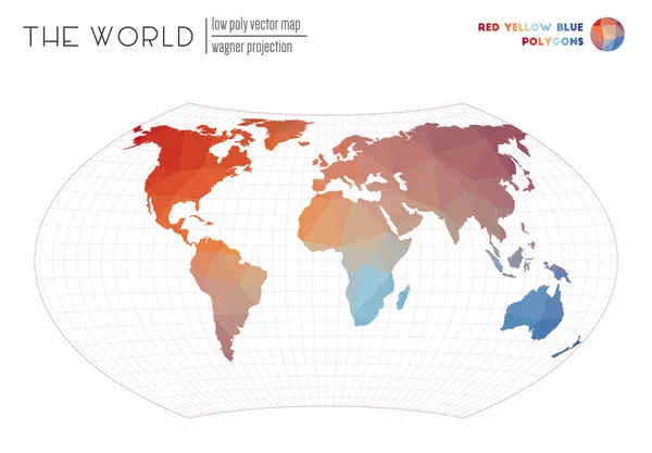 世界地図多角形の世界地図ワーグナー投影世界の赤黄青の色多角形 — ストックベクタ