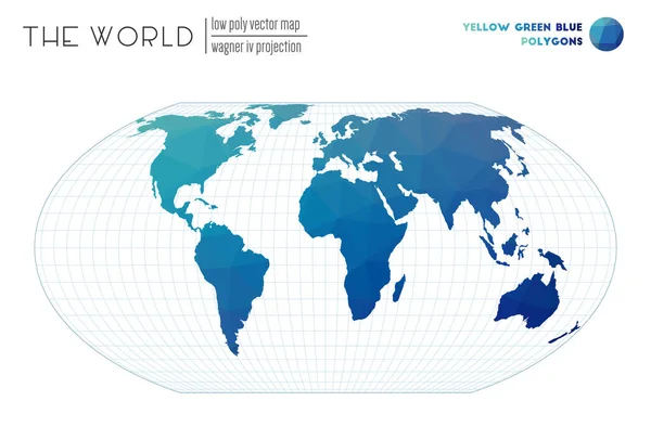 Lage poly wereldkaart Wagner IV projectie van de wereld Geel Groen Blauw gekleurde polygonen — Stockvector