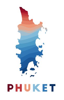 Adanın kırmızı mavi renkli güzel geometrik dalgalarla dolu Phuket haritası.