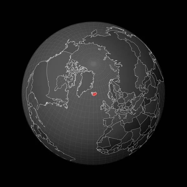 Dark globe centered to Iceland Paese evidenziato con il colore rosso sulla mappa del mondo Satellite world — Vettoriale Stock