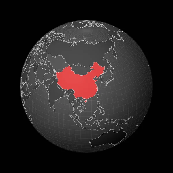 Globo escuro centrado na China País destacado com cor vermelha no mapa mundial Mundo satélite — Vetor de Stock
