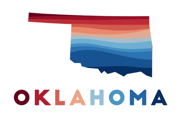 Carte de l'Oklahoma Carte de l'état us avec de belles vagues géométriques aux couleurs bleu rouge Oklahoma vif — Image vectorielle