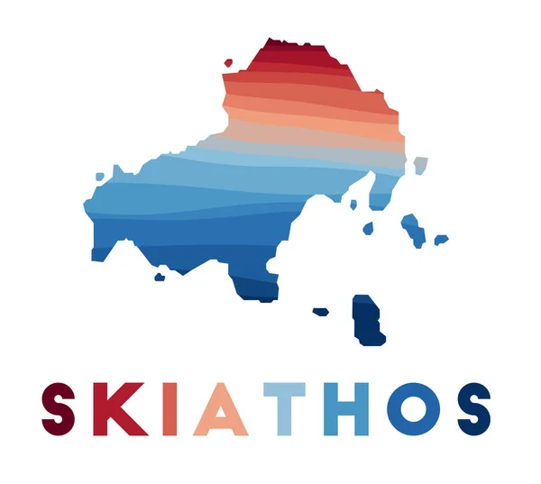 Mapa de Skiathos Mapa de la isla con hermosas olas geométricas en colores azules rojos — Vector de stock