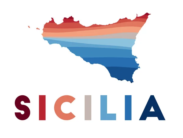 Sicilia mapa Mapa da ilha com belas ondas geométricas em vermelho cores azuis Vivid Sicilia —  Vetores de Stock