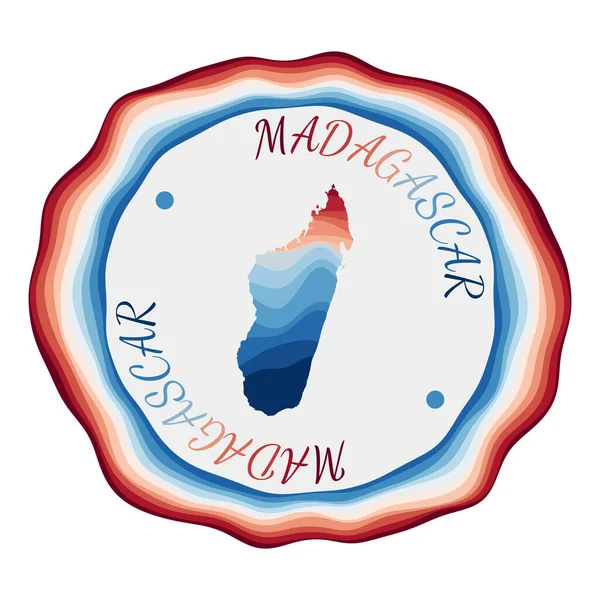 Insignia de Madagascar Mapa del país con hermosas olas geométricas y vibrante marco azul rojo — Vector de stock