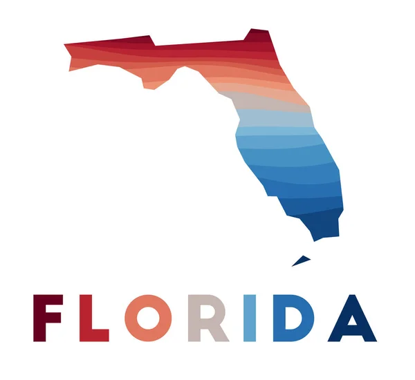 Mapa de Florida Mapa del estado de los Estados Unidos con hermosas olas geométricas en colores azules rojos Vivid Florida — Vector de stock