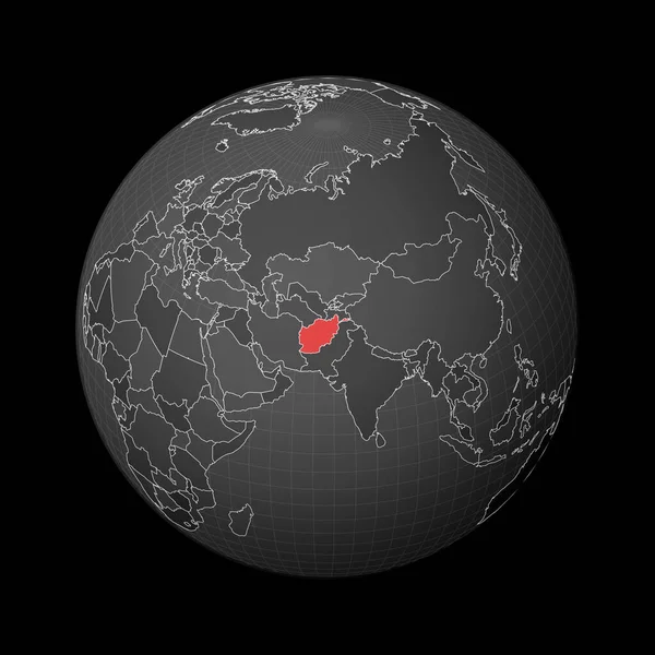 Темный шар с центром в Афганистане Страна выделена красным цветом на карте Спутниковый мир — стоковый вектор