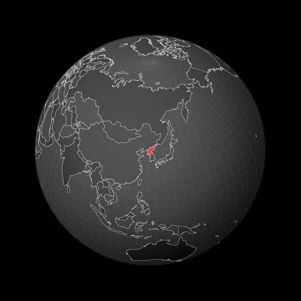 Globe sombre centré sur la Corée du Nord Pays mis en évidence avec la couleur rouge sur la carte du monde Monde satellite — Image vectorielle