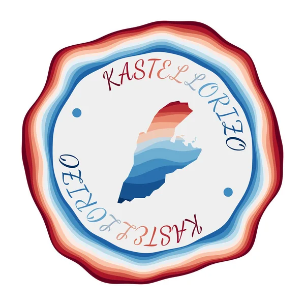 Бейдж Кастеллорізо Карта острова з красивими геометричними хвилями і яскравою червоно-блакитною рамкою — стоковий вектор