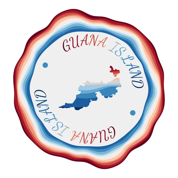 Guana Island badge Mappa dell'isola con belle onde geometriche e vibrante cornice blu rossa — Vettoriale Stock