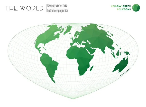 Polygonale kaart van de wereld Bottomley projectie van de wereld Geel Groen gekleurde polygonen — Stockvector