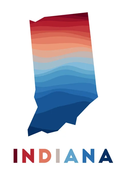 Indiana kaart Kaart van de ons staat met prachtige geometrische golven in rood blauwe kleuren Levendige Indiana — Stockvector