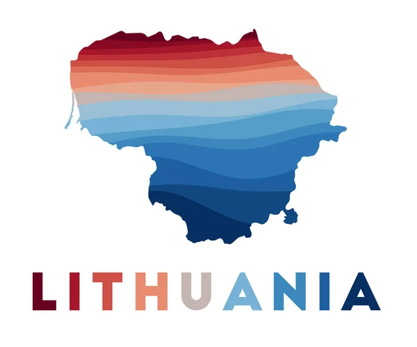 Litvánia térképe Az ország térképe gyönyörű geometrikus hullámokkal piros kék színekben Élénk Litvánia — Stock Vector
