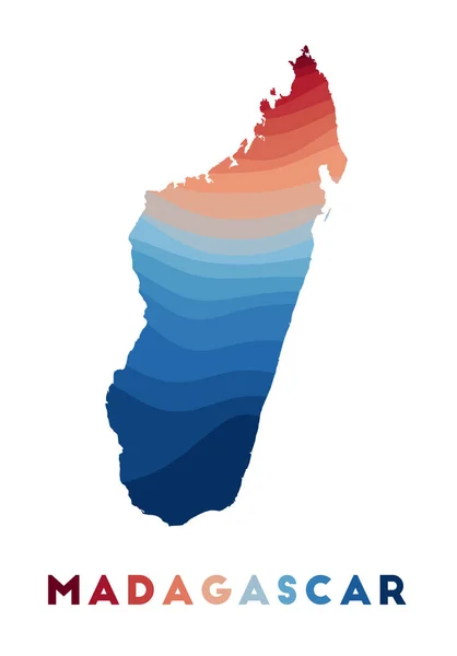 有美丽的红色蓝色几何图形波的马达加斯加地图 — 图库矢量图片