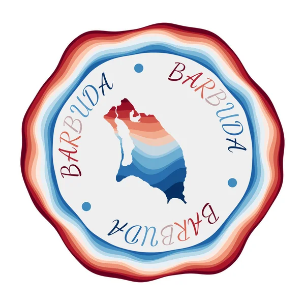 Barbuda odznak Mapa ostrova s krásnými geometrickými vlnami a pulzujícím červeným modrým rámečkem Vivid — Stockový vektor