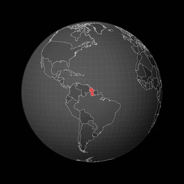 지구를 중심으로 세계 지도 위성 세계에서 붉은 색으로 강조 된 가이아나 나라를 중심으로 어두운 지구 — 스톡 벡터