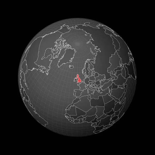 Dark globe centered to Velká Británie Země zvýrazněno červenou barvou na mapě světa Satellite — Stockový vektor