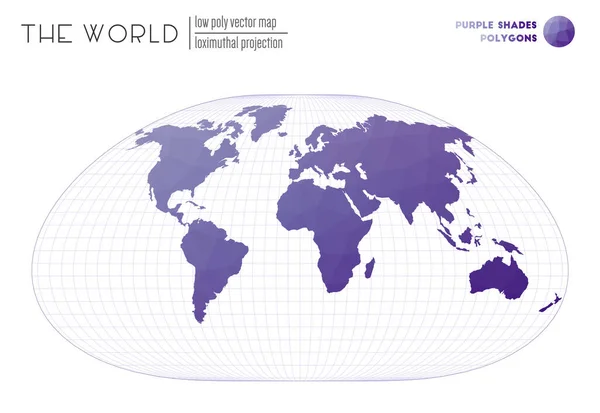 Mappa del mondo poligonale Proiezione ossimetrica del mondo Tonalità Viola poligoni colorati Elegante — Vettoriale Stock