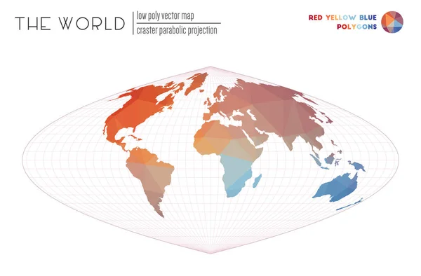 Mapa vetorial do mundo Craster projeção parabólica do mundo Vermelho Amarelo Azul colorido — Vetor de Stock