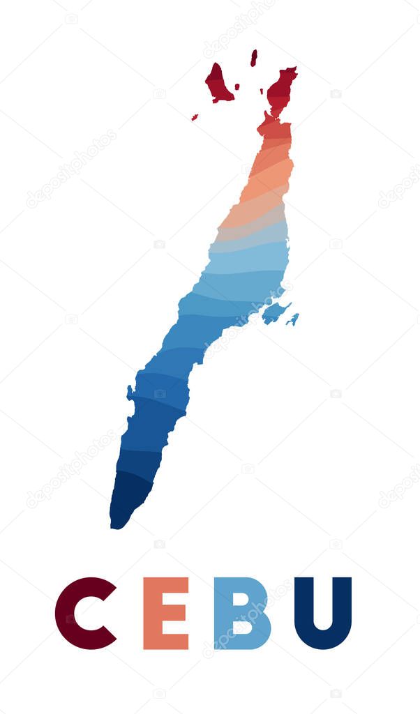 Cebu map. Map of the island with beautiful geometric waves in red blue colors. Vivid Cebu shape. Vector illustration.