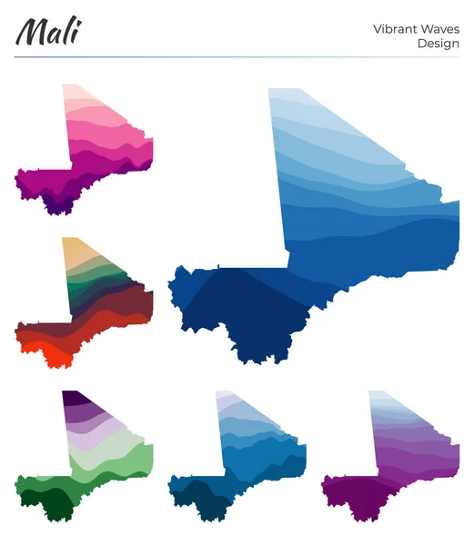 Conjunto de mapas vectoriales de Malí Diseño de ondas vibrantes Mapa brillante del país en curvas geométricas lisas — Archivo Imágenes Vectoriales