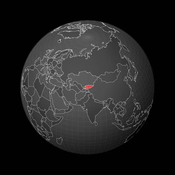 Tmavá koule středěná do Kyrgyzstánu Země zvýrazněná červenou barvou na mapě světa Satelitní svět — Stockový vektor