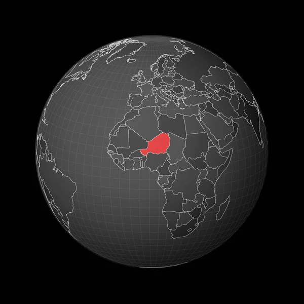 Темный шар с центром в Нигере Страна выделена красным цветом на карте Спутниковый мир — стоковый вектор