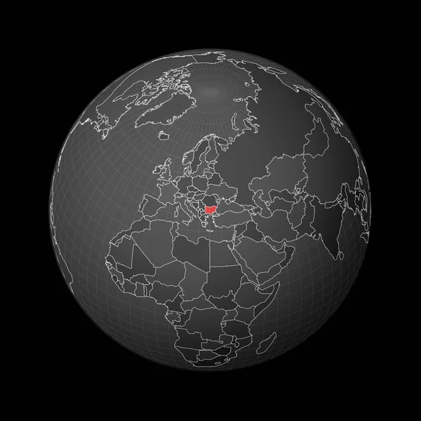 Tmavý glóbus soustředěný do Bulharska Země zvýrazněná červenou barvou na mapě světa Satelitní svět — Stockový vektor