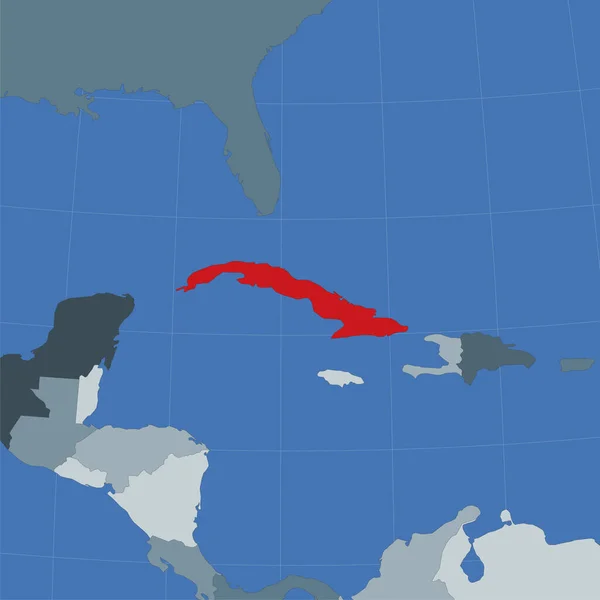 Kształt Kuby w kontekście krajów sąsiadujących Kraj zaznaczony czerwonym kolorem na świecie — Wektor stockowy